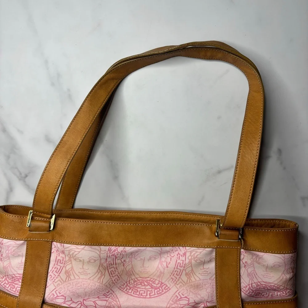 Versace Medusa Pink Leather And Canvas 2 Side Handle Tote/ Bag